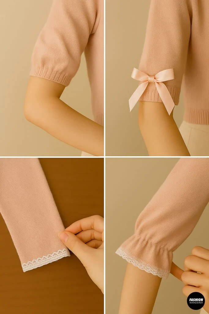 Four-panel collage of optional sleeve customizations for DIY shrug: cropped puff sleeve, bow-tie cuff, lace trim edge, and elastic gathered sleeve with lace.