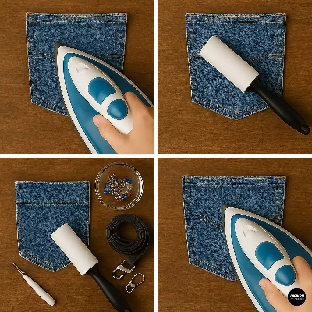 Collage of four top-down photos showing how to stabilize and clean a denim pocket using an iron, lint roller, and sewing pins before assembling a DIY pocket bag.