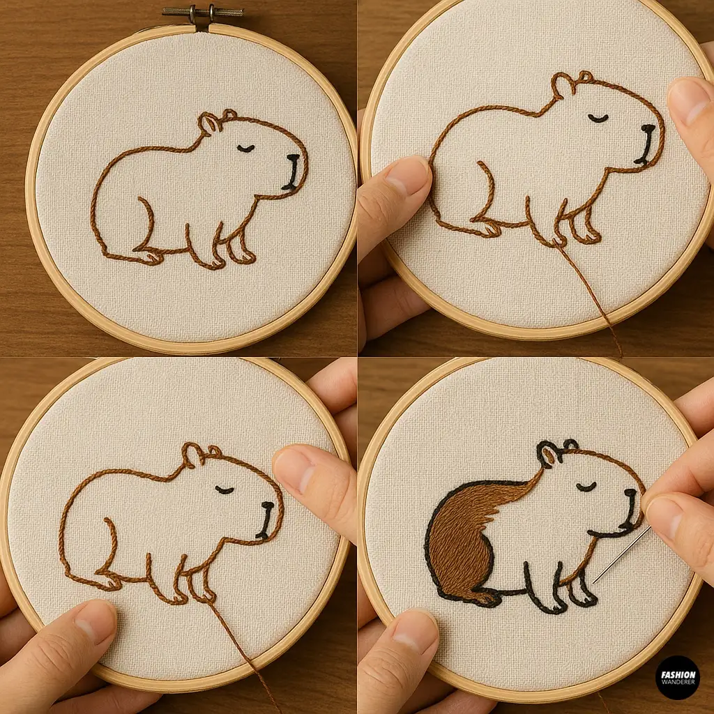 Begin outlining the capybara design using dark brown embroidery floss and a backstitch on fabric stretched in a hoop.