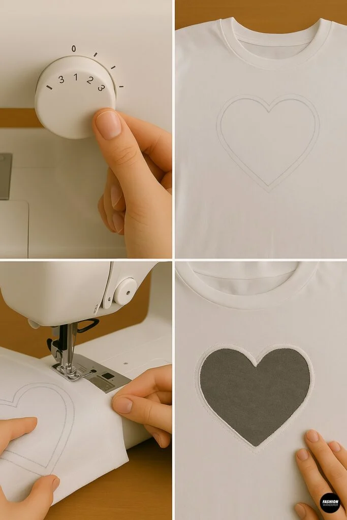 Collage of four shots: adjusting sewing machine stitch length dial, a double outline of a heart on a white T-shirt, sewing a heart outline with a zigzag stitch, and finished stitched outline window revealing contrast fabric underneath.