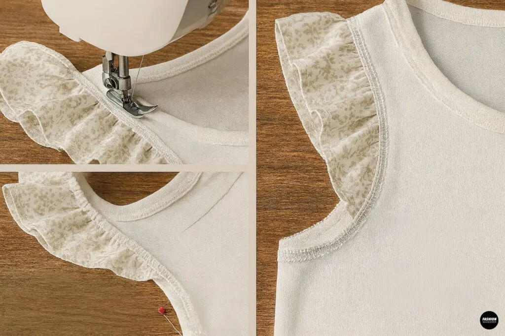 Four-panel collage illustrating stitching ruffles: (1) sewing machine foot stitching ruffle to tank armhole, (2) finished ruffle sleeve after machine stitching, (3) close-up of topstitched seam on inner armhole, (4) overlocked seam at tank&rsquo;s edge&mdash;how to securely sew ruffle sleeves.