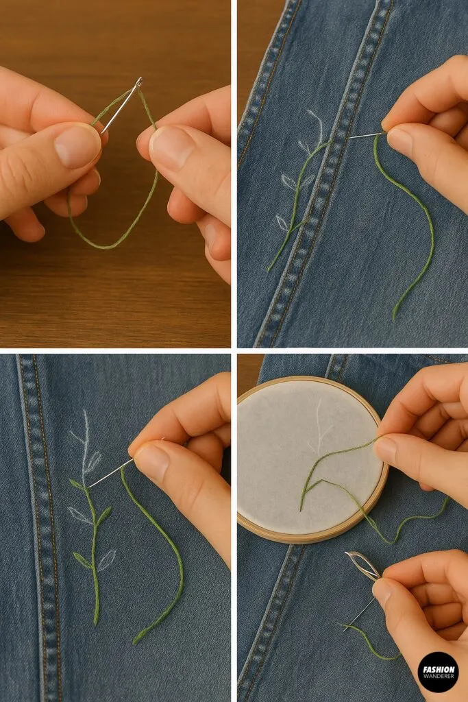 Hands stitching green embroidery floss on denim jeans to create vine and stem lines, demonstrating how to start floral embroidery.