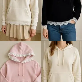 Collage of hoodies with different lace trim styles including double trim, ruffled lace, black hoodie with white lace, and layered lace ribbon design.