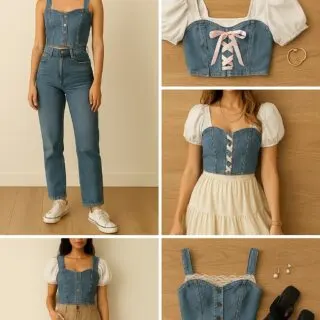 Style denim corset top &mdash; model wearing lace-up back denim corset paired with jeans, showing front fit and back lacing details.