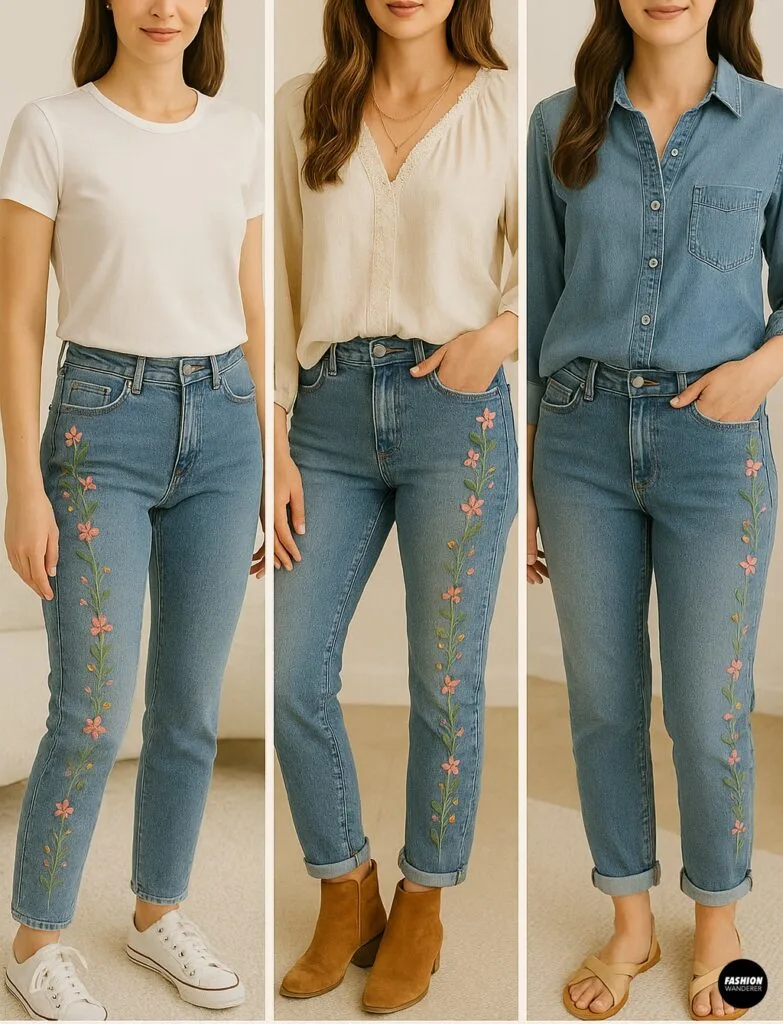 Three women wearing hand-embroidered floral jeans styled with casual tops: a white T-shirt with sneakers, a cream blouse with ankle boots, and a chambray shirt with sandals. Embroidery runs along the outer side seams of each denim pair.