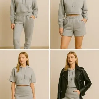 Four styled outfits: model in full jogger set with cap and sneakers, model in crop-hoodie with shorts, model in crop-hoodie with mini skirt, and model layering crop hoodie and skirt under a leather jacket.