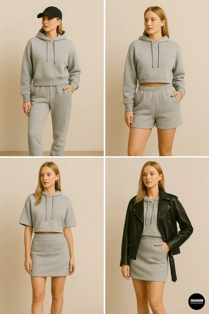Four styled outfits: model in full jogger set with cap and sneakers, model in crop-hoodie with shorts, model in crop-hoodie with mini skirt, and model layering crop hoodie and skirt under a leather jacket.