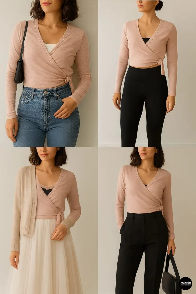 Outfit styling ideas for the DIY balletcore wrap top: paired with high-rise jeans, black leggings, flowy tulle skirt, and tailored black trousers for versatile looks.