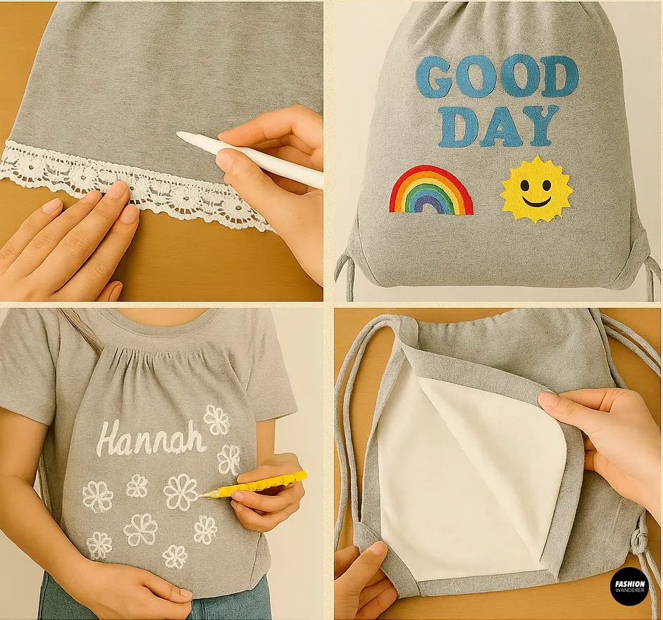 Collage of DIY T-shirt backpack customization ideas: adding lace trim, painting colorful designs, personalizing with names and flowers, and showing lined interior for durability.