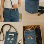 Photos of styled DIY denim pocket bags worn crossbody and displayed in gift-ready packaging with phone and cable accessories—featuring daisy and rainbow embroidery.