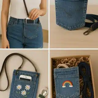 Photos of styled DIY denim pocket bags worn crossbody and displayed in gift-ready packaging with phone and cable accessories—featuring daisy and rainbow embroidery.