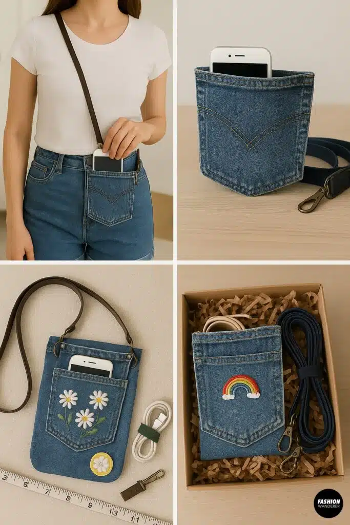 Photos of styled DIY denim pocket bags worn crossbody and displayed in gift-ready packaging with phone and cable accessories&mdash;featuring daisy and rainbow embroidery.
