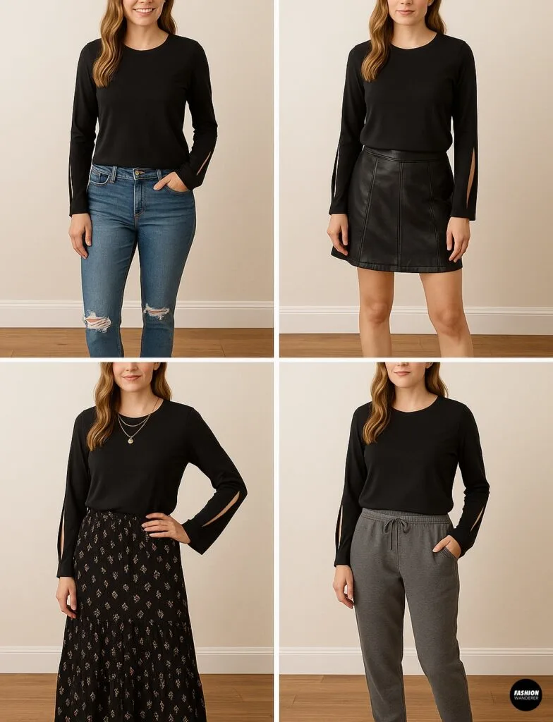 Fashion collage of outfit ideas for styling black slit sleeve tees. Model wears shirt with jeans, leather skirt, maxi skirt, and sweatpants for versatile looks.