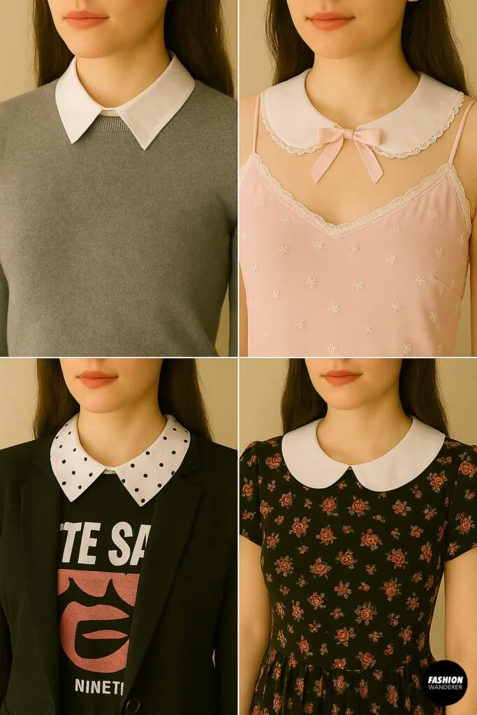 Fashion styling ideas showing detachable collars worn with sweaters, dresses, blazers, and camisoles.