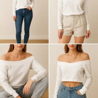 Styling inspiration collage for DIY off-the-shoulder hoodie: casual chic, coquette core, streetwear, and cropped festival look.