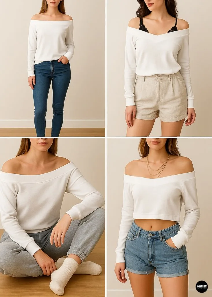 Styling inspiration collage for DIY off-the-shoulder hoodie: casual chic, coquette core, streetwear, and cropped festival look.