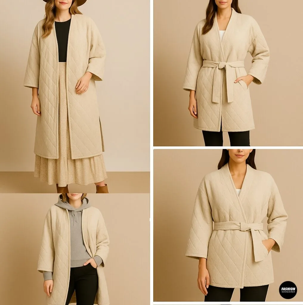 Four outfit ideas styling a DIY quilted wrap coat in beige, paired with skirts, dresses, sweaters, and casual layers for versatile looks.