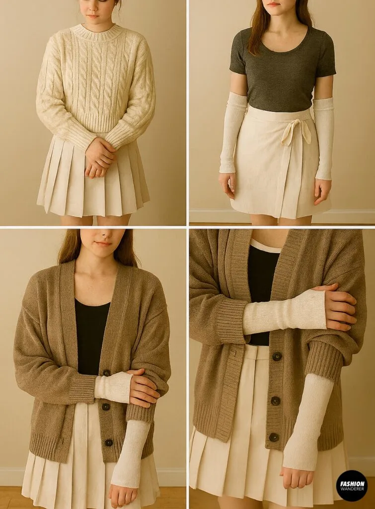 Collage of outfit styling ideas with DIY balletcore arm warmers&mdash;paired with pleated skirt, sweater, wrap skirt, or oversized cardigan for cozy aesthetic.