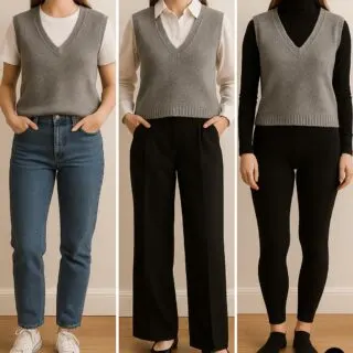 Three outfits styling a DIY grey sweater vest: casual with jeans, office-ready with trousers, and layered with a black turtleneck.