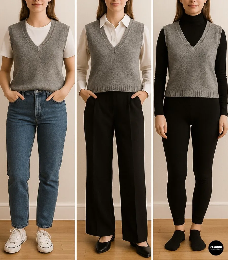 Three outfits styling a DIY grey sweater vest: casual with jeans, office-ready with trousers, and layered with a black turtleneck.