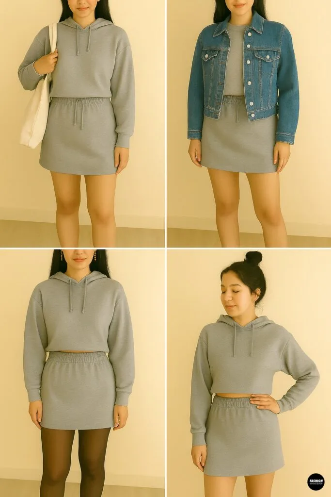 Styling inspiration collage showing different ways to wear a DIY hoodie crop top and skirt set with tights, tote bag, or denim jacket.