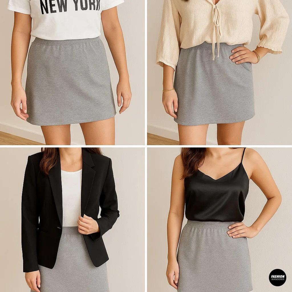 Four styling examples of a gray no-sew mini skirt shown with casual tee, blouse, blazer, and satin cami.