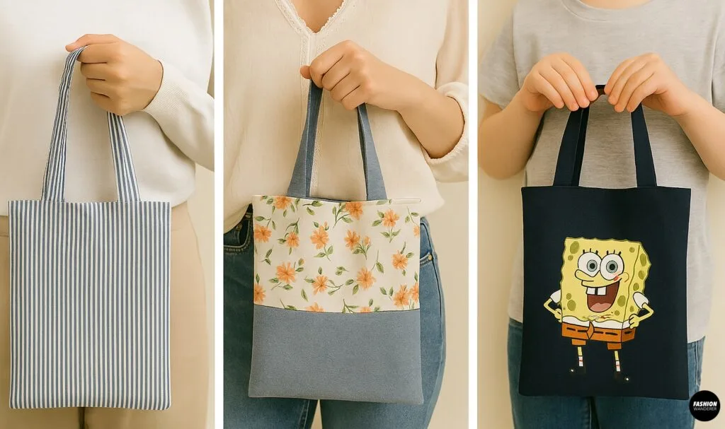 Three styling ideas for DIY reversible tote bags including striped, floral patchwork, and a navy tote with Spongebob graphic print.