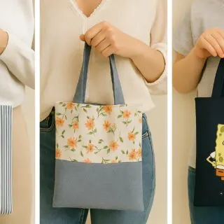 Three styling ideas for DIY reversible tote bags including striped, floral patchwork, and a navy tote with Spongebob graphic print.
