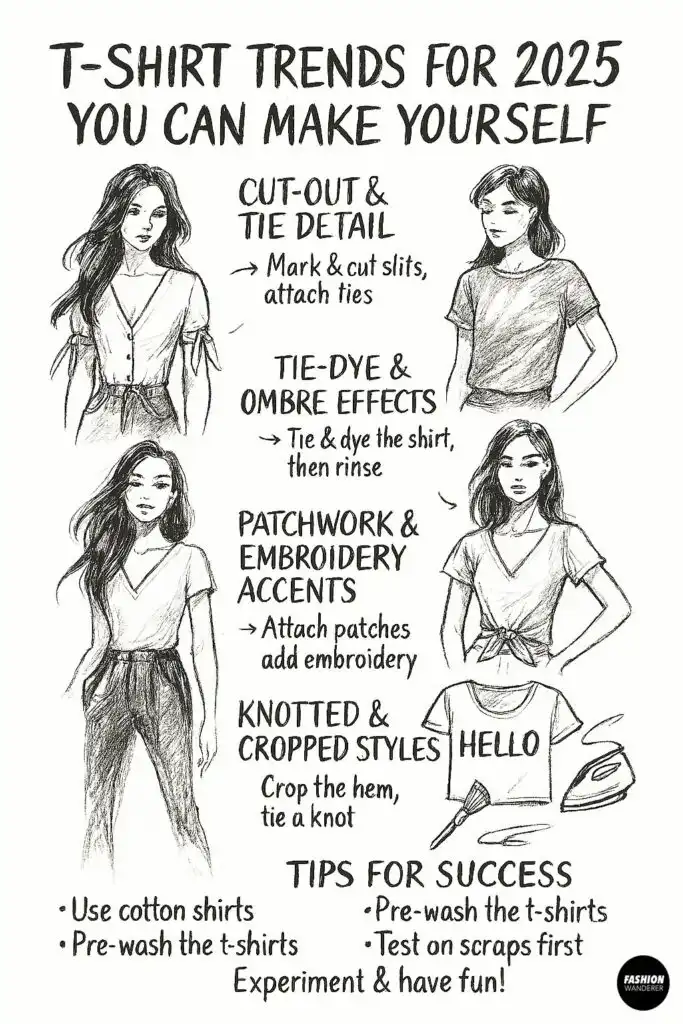 Pin image featuring the same four DIY t-shirt trend photos in a clean collage with text overlay: "2025 T-Shirt Trend: You Can Make Yourself step-by-step" with website fashionwanderer.com &mdash; Trendy easy t-shirt DIY ideas for 2025 including tie-dye, embroidery, and cut-out details.