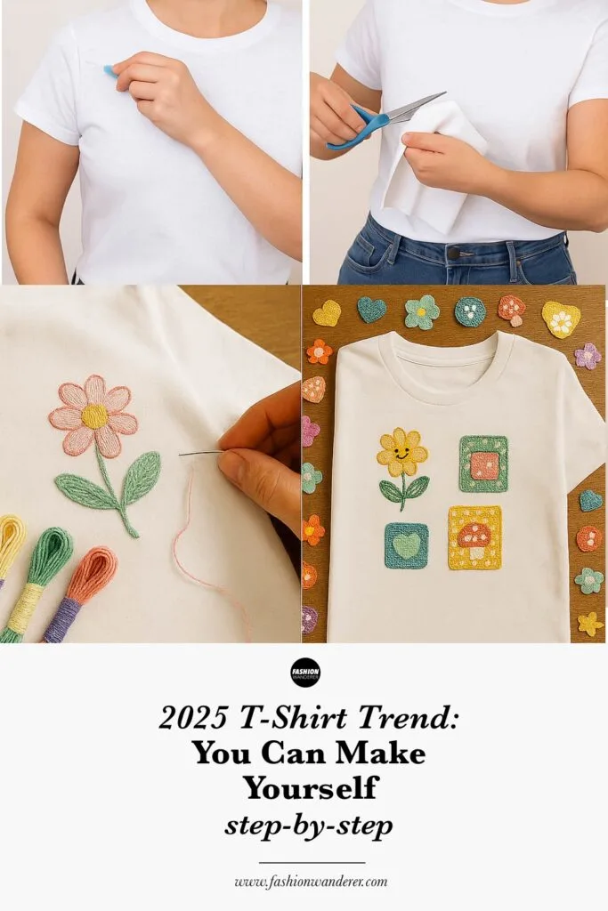 Collage image showing four photos: person marking a white t-shirt with chalk, cutting a white t-shirt with scissors, embroidered flower patch on a white shirt with colorful embroidery floss, and a white t-shirt with colorful embroidered patches arranged around it &mdash; DIY t-shirt trends for 2025 with cut-out, tie detail, patchwork embroidery accents, and knotted cropped styles.