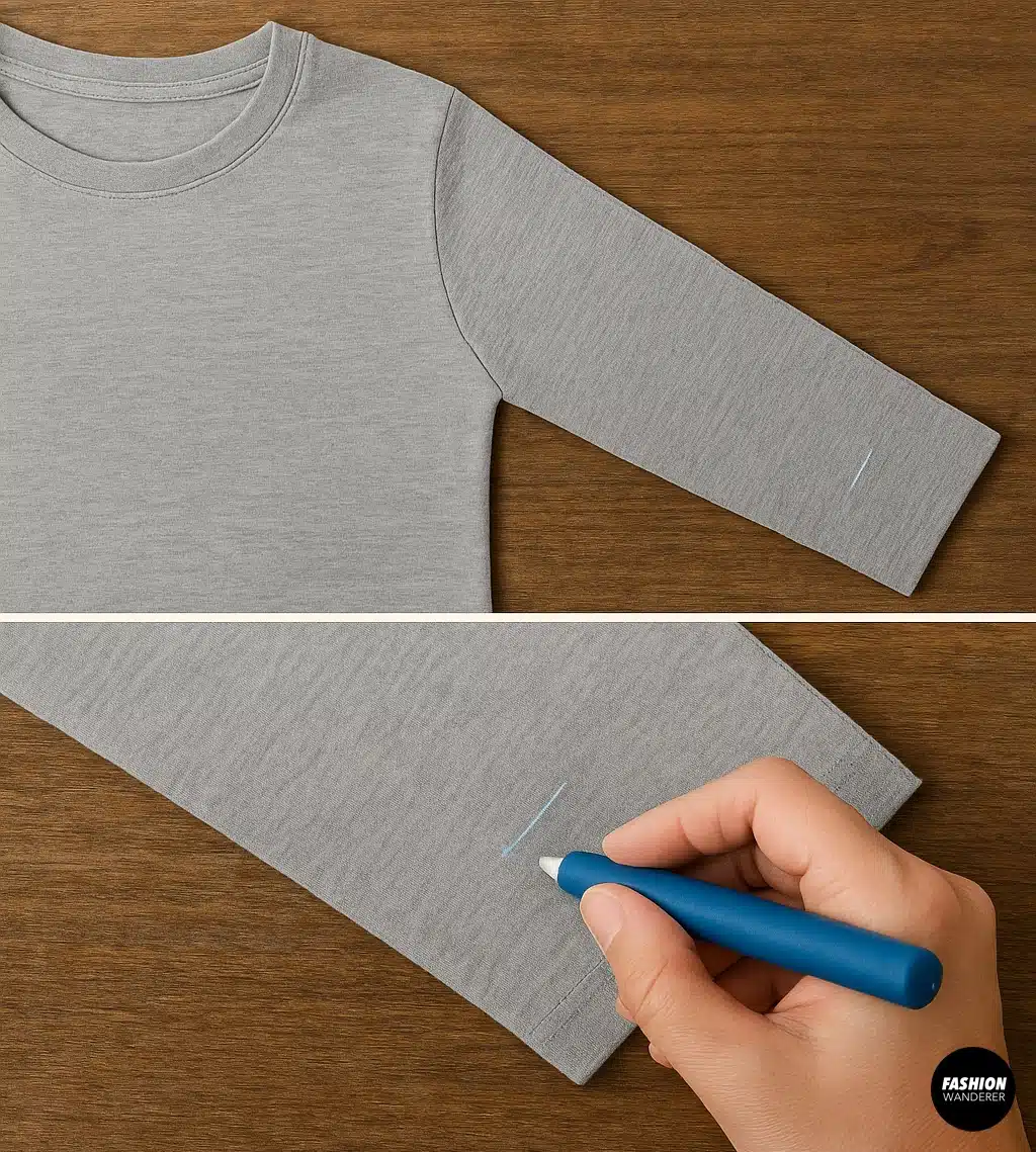 Two-photo instructional collage of flattening the sleeve and drawing a line with chalk to prepare for cutting the thumbhole; features close-ups of the marked sleeve on a wood table.