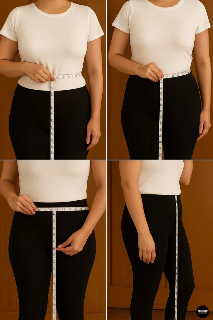 Step-by-step guide showing how to take waist, hip, and length measurements on a woman wearing a white t-shirt and black leggings for a DIY tiered skirt.