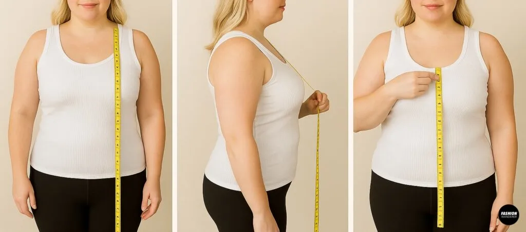 Woman measuring body with yellow measuring tape to determine coat length, bust, and shoulder measurements for DIY wrap coat sewing project.