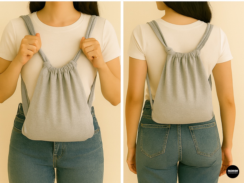 Front and back view of a woman wearing a DIY grey T-shirt backpack with drawstring straps, styled with jeans and a white T-shirt.