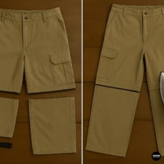 Khaki cargo shorts shown next to detachable pant legs and completed full-length pants with zippers reattached in DIY zip-off tutorial.