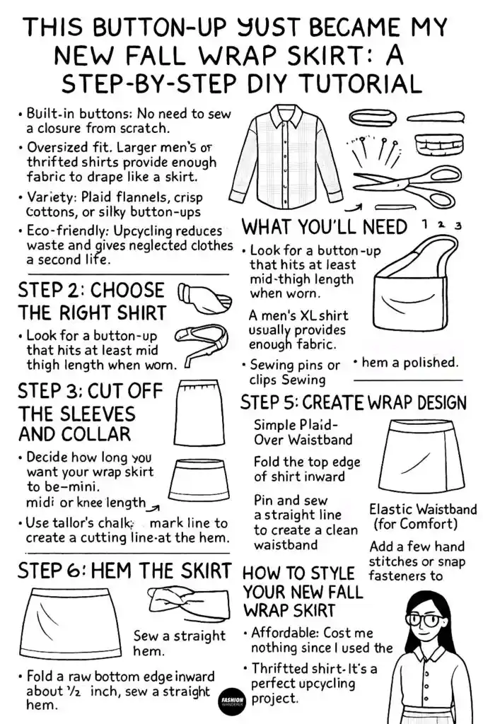 Black and white hand-drawn Pinterest infographic illustrating how to upcycle a button-up shirt into a fall wrap skirt with step-by-step visuals.