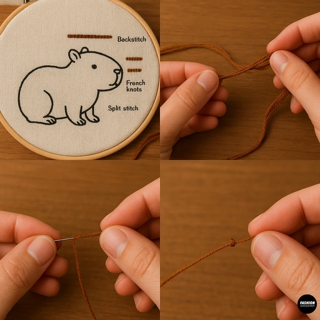 Instructions on threading embroidery floss and selecting stitch types such as backstitch, split stitch, and French knots for capybara embroidery.
