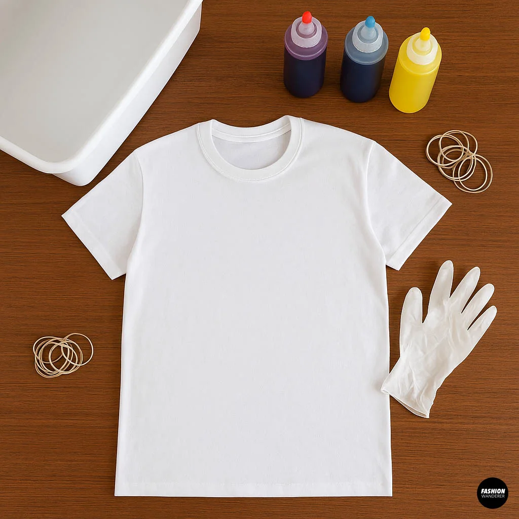 Flat lay of white folded t-shirt with rubber bands, gloves, plastic tub, and bottles of red, blue, and yellow tie-dye fabric dye ready for tie-dye project.