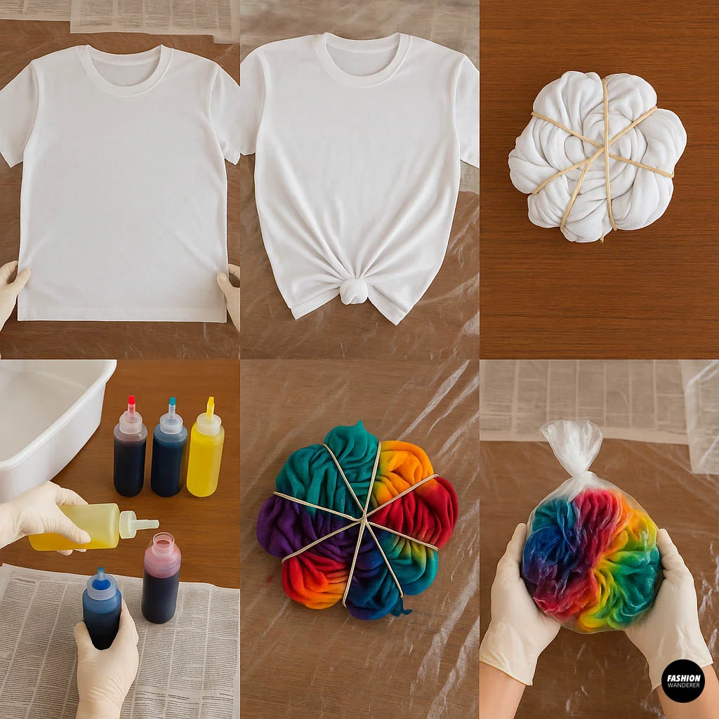 Collage showing hands tying and knotting white t-shirt with rubber bands, pouring dye onto fabric, wrapping tie-dyed shirt in plastic, and vibrant multicolor tie-dye result held by hands.