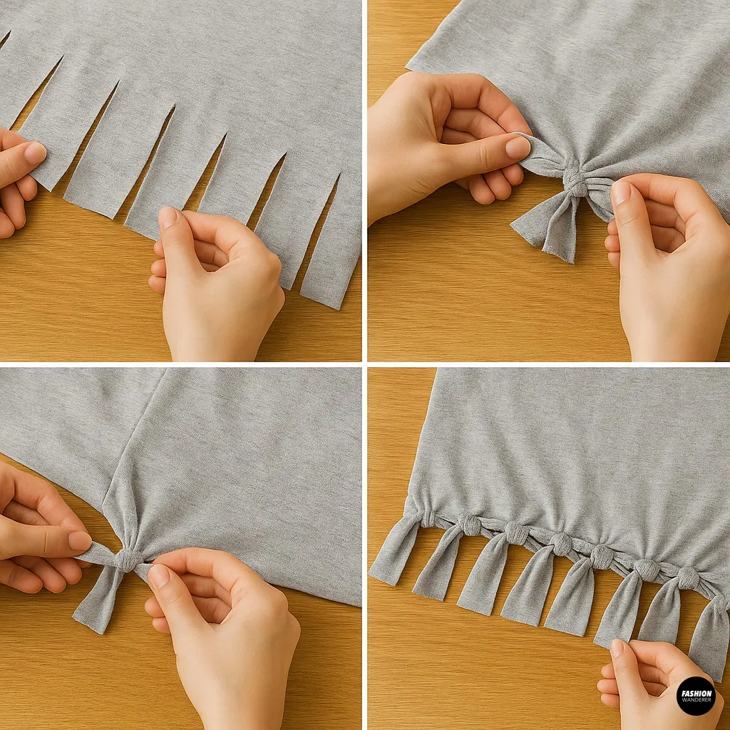 Close-up sequence of tying front and back fringe strips together to close bottom of DIY T-shirt backpack.