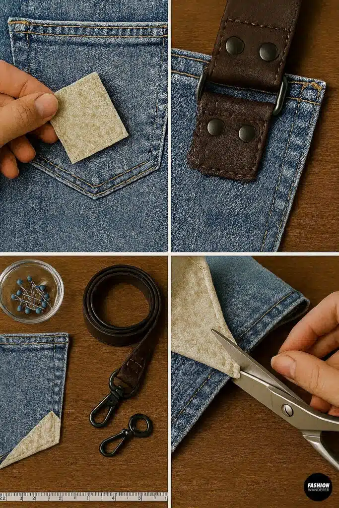 Visual guide for troubleshooting and reinforcing a DIY denim pouch bag using interfacing, hand sewing leather strap loops, and snipping excess lining.