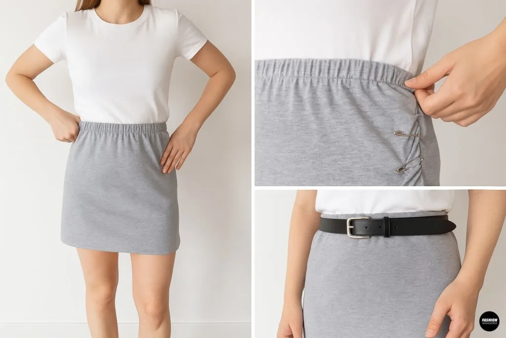 Woman trying on finished no-sew pillowcase mini skirt and adjusting elastic waistband for fit and comfort.