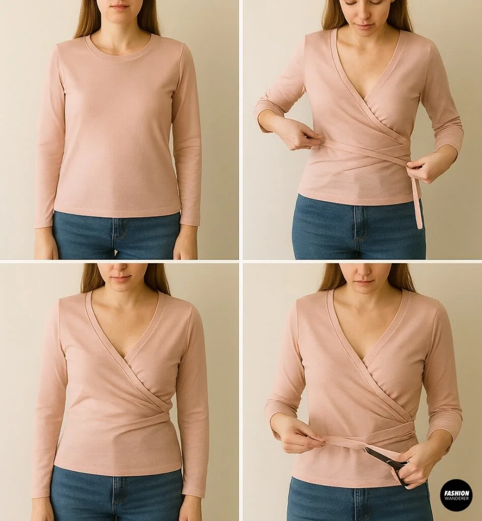 Try-on photos showing how to wrap and tie the completed pink balletcore top; front view step-by-step styling on model with fitted blue jeans.