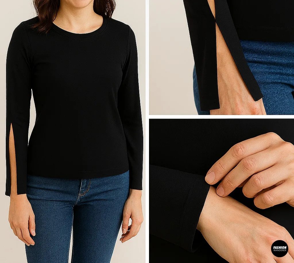 Photo collage showing final fit test of slit sleeve shirt. Model wears black tee with newly cut sleeve slits. Close-up of hand-tacked seam for better fit.