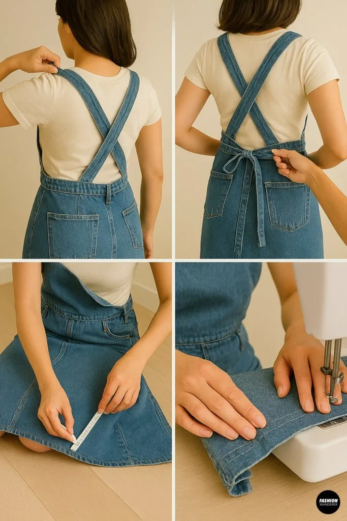 Fitting session showing crisscross back straps and waist ties, plus close-up shots of hemming and skirt adjustments for a polished finish.