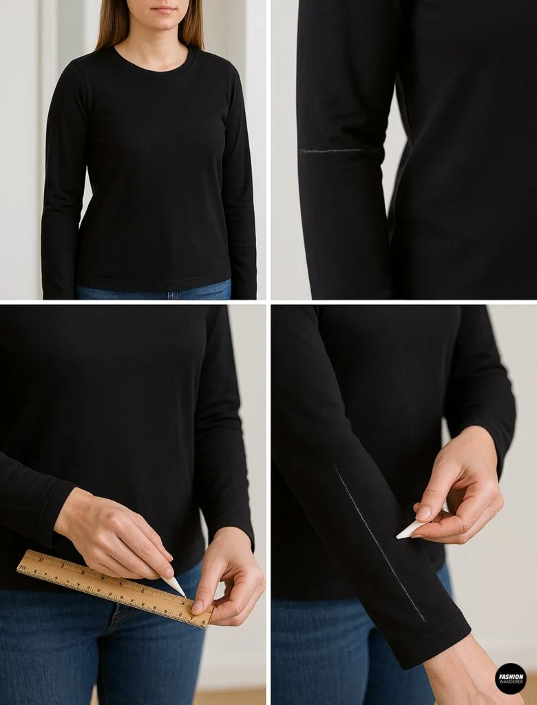 Step-by-step collage showing a woman using chalk and ruler to mark slit placement on the sleeve of a black T-shirt. Ideal for DIY slit sleeve prep.