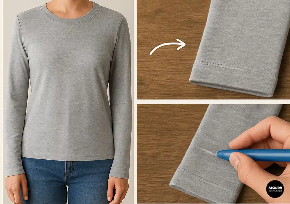 Photo collage showing how to try on a gray long-sleeve shirt and mark 2 inches above the sleeve cuff for thumbhole placement using chalk marker; includes close-up and body view.