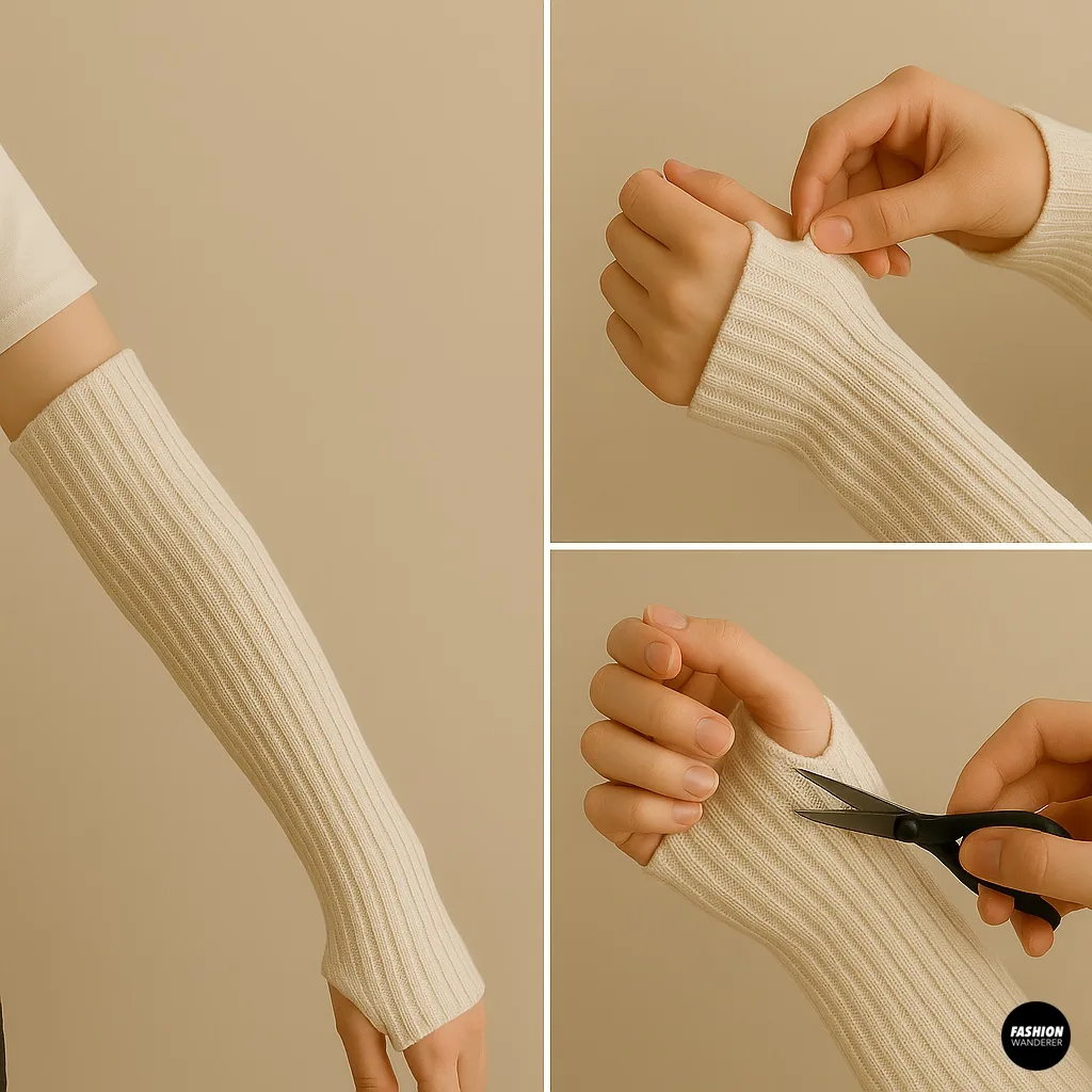 Wearing ribbed knit sock arm warmers after cutting thumb holes, showing the fit and adjustments of DIY balletcore arm warmers.