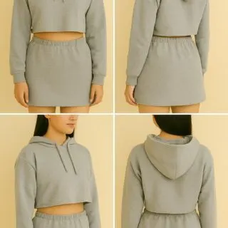 Model wearing a completed DIY hoodie crop top and skirt set in front and back views styled as a casual matching outfit.