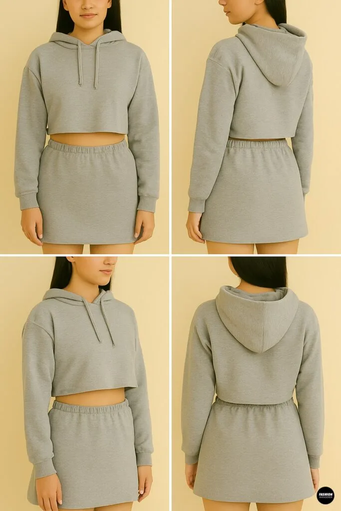 Model wearing a completed DIY hoodie crop top and skirt set in front and back views styled as a casual matching outfit.